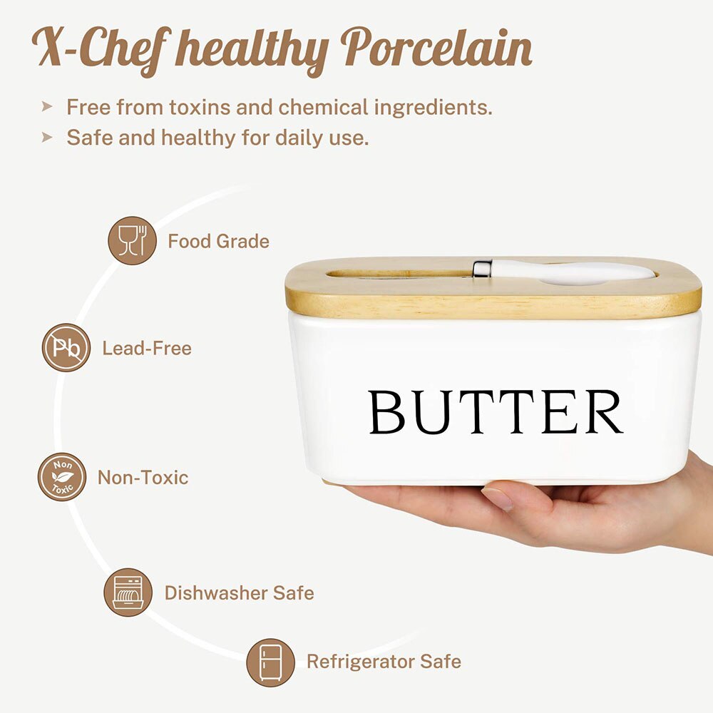 Nordic Ceramic Butter Box Wood Cover With Knife Butter Sealing Plate Storage Tray Dish Cheese Kitchen Food Container Butter Dish