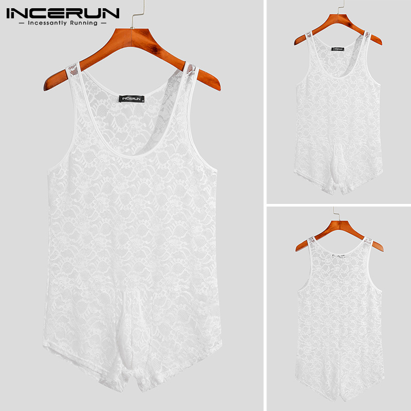 INCERUN 2022 Men&#39;s Sexy Leisure Jumpsuit See-though Hollow Out Sleeveless Jumpsuit Lace Flower Breathable Mesh Rompers S-5XL