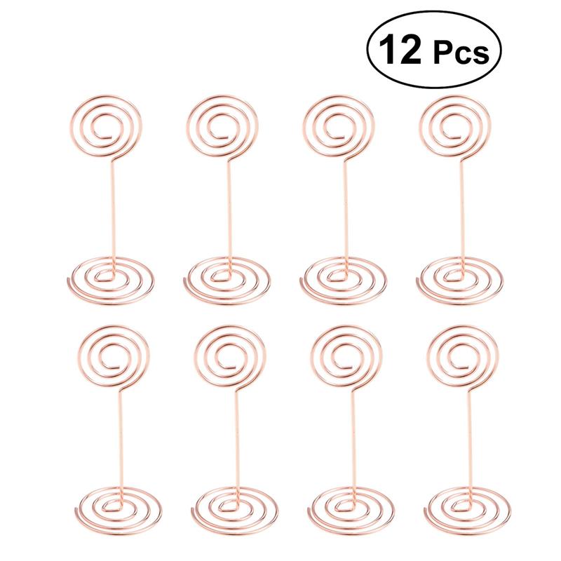 12Pcs Photo Holder Stands Tafel Nummer Kaarthouders Plaats Kaart Papier Menu Clips Mosquito Coil-Vormige Reiziger Base zadelklem: Rose Gold