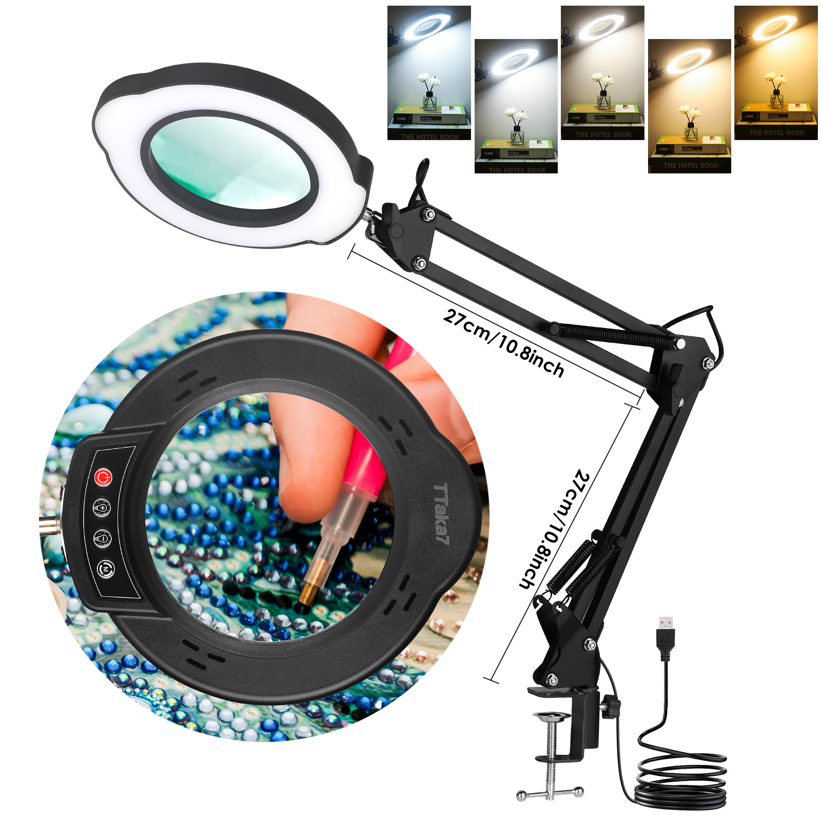 72 10x LED-leuchtlupe mit usb-anschluss und 3 farben, Ideal für lötkolbenreparaturen, als tischlampe oder hautpflege-werkzeug.: Gold