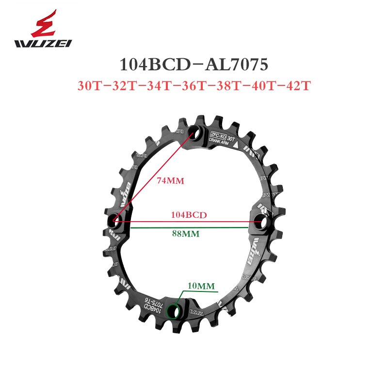 Wuzei Bcd Crown 104 łańcuch owalny bezpośredni montaż pojedyncza korona świeca Pe Monoplate Mtb korba 32 34 36 38 40 42 zęby łańcuch pierścień