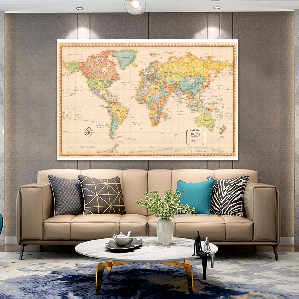 140*100cm The Retro World Map with Details Wall Art Poster HD Printed Non-woven Canvas Painting Home Decor School Supplies
