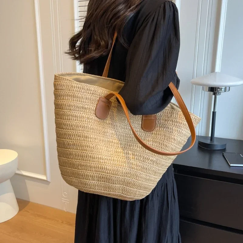 Bolso de mano de cesta trenzada para mujer, bolso de hombro portátil de paja grande, monederos de en la playa, bolso de compras femenino