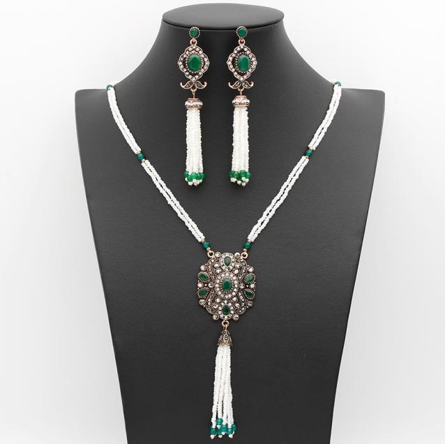 Turkse Vrouwen Kraal Sieraden Sets Lange Bead Kwasten Oorbellen Hars Trui Keten Antiek Goud Kleur Etnische Bridal Bijoux: fa009U91GREEN