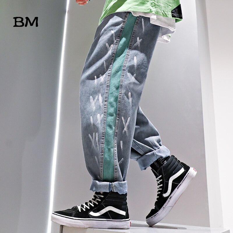 Hip hop graffiti ripped jeans stribede lige bukser uomo japansk streetwear kpop koreansk denim cargo bukser mænd
