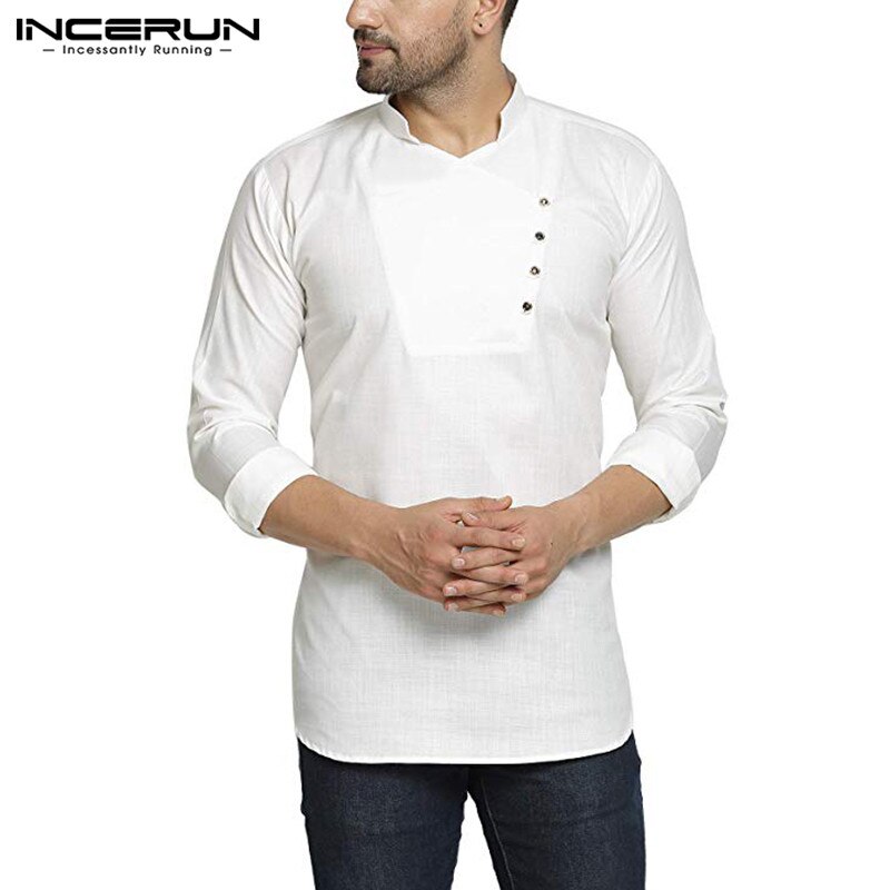 Män vintage skjorta långärmad indiska kläder stativ krage streetwear muslimska toppar solida fritidsskjortor kurtas incerun s -5xl