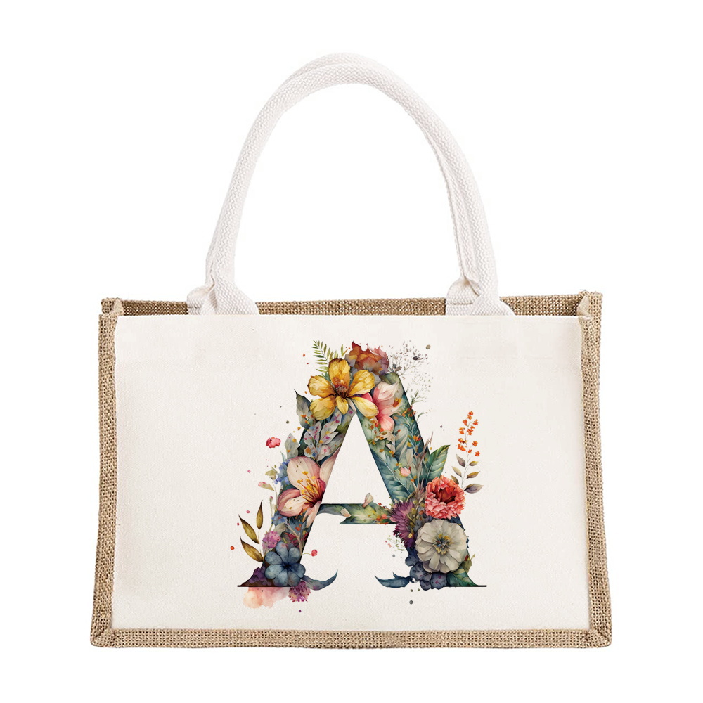 Sac à bandoulière en lin de grande capacité, sac de Shopping pour femmes, motif imprimé de lettres florales, sac d'imitation de Jute