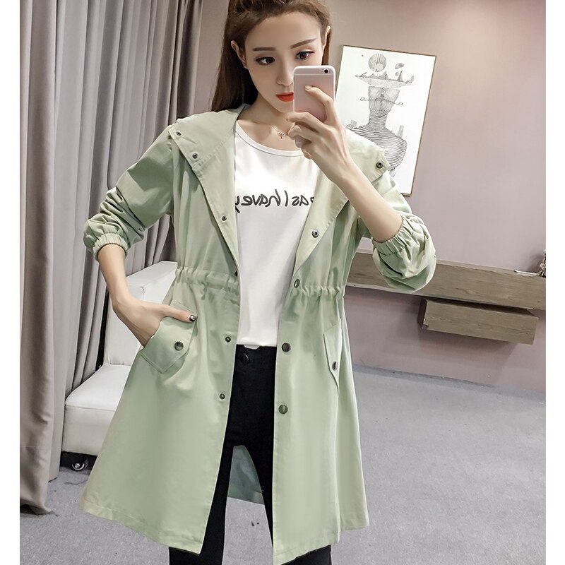 Kvinders trenchcoat forår efterår kvindelige outwear kausal lange ærmer med hætte slim dame vindjakke  q90