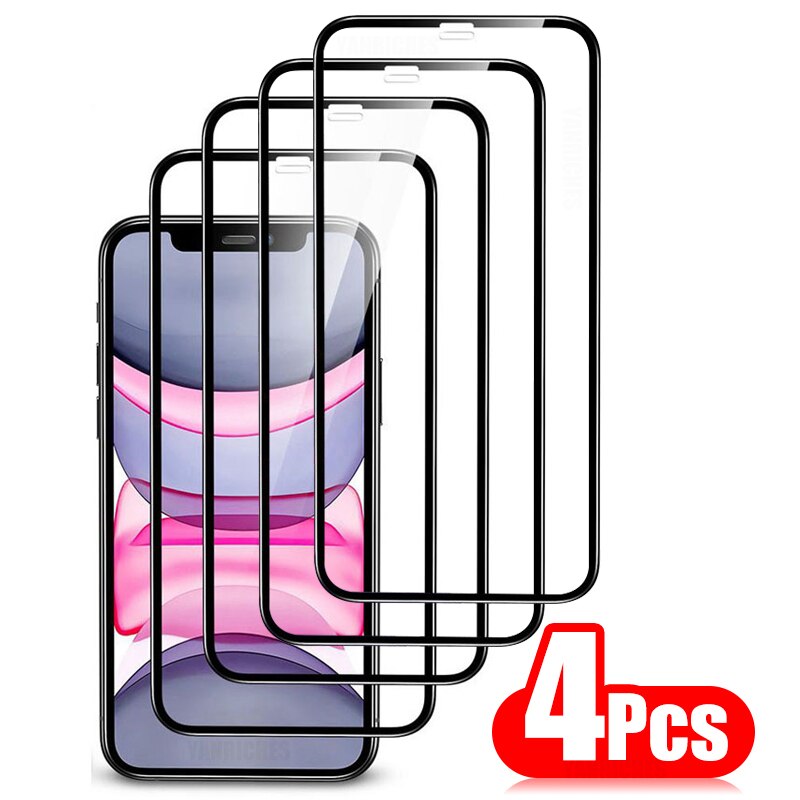 Protector de pantalla de cristal para iPhone, Protector de pantalla de cobertura completa para modelos 13, 12, 11 Pro Max, 6, 7, 8 Plus, X, XR, Xs Max, 13 Mini, 4 unidades