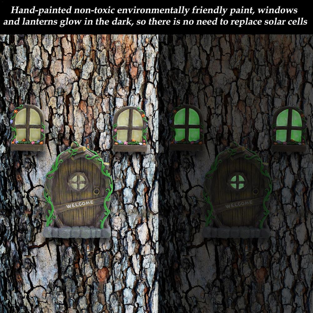 Miniature Fairy Garden Door Windows DIY Garden Sculpture Tree Decoration Craft House Door Glow In The Dark