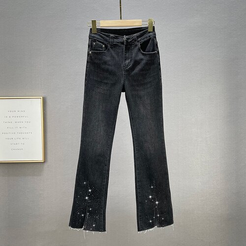 Jean fendu bleu foncé pour femme, slim, taille haute, évasé, élastique, automne: Black / 26