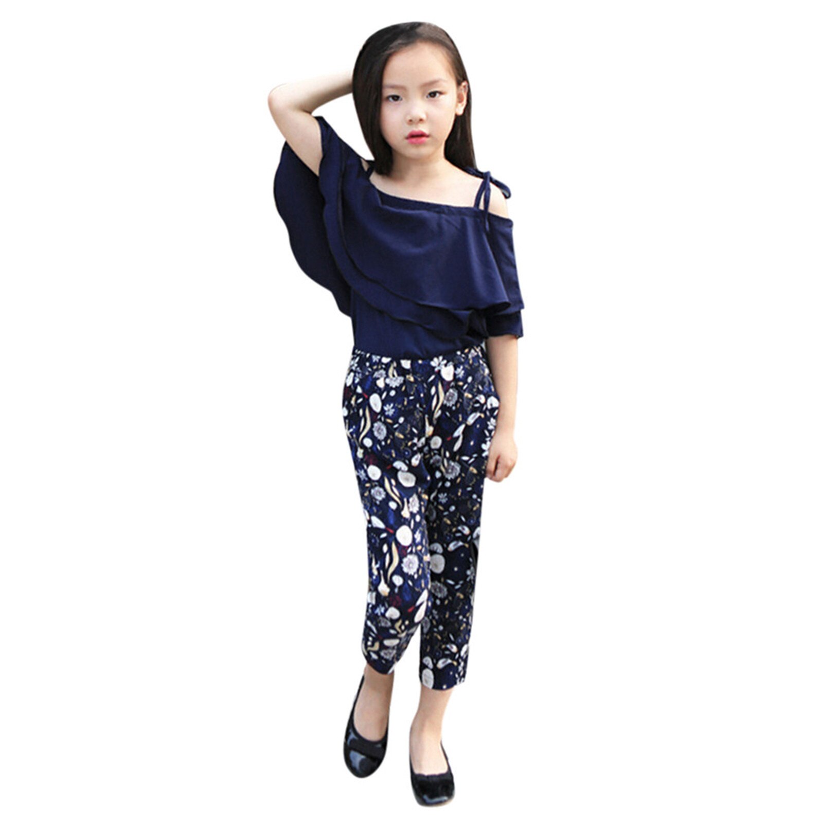 Moda bambini ragazza abbigliamento estate spalla aperta Sling Ruffle T-Shirt top + pantaloni floreali Set elegante per abiti da ragazza grande adolescente