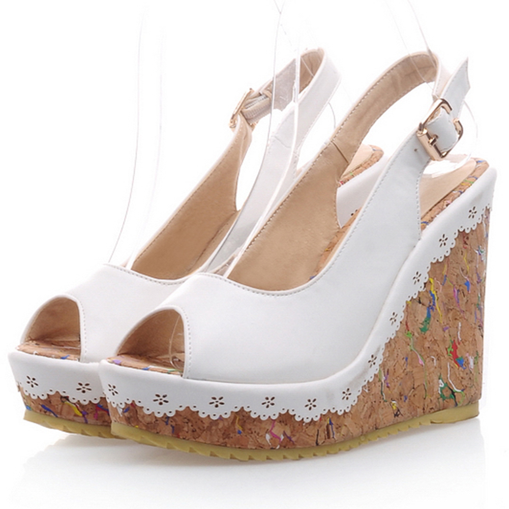 Karinluna cuñas tacones altos tamaño grande 43 mujeres zapatos mujer plataforma sin talón Peep Toe sandalias de verano: Blanco / 5
