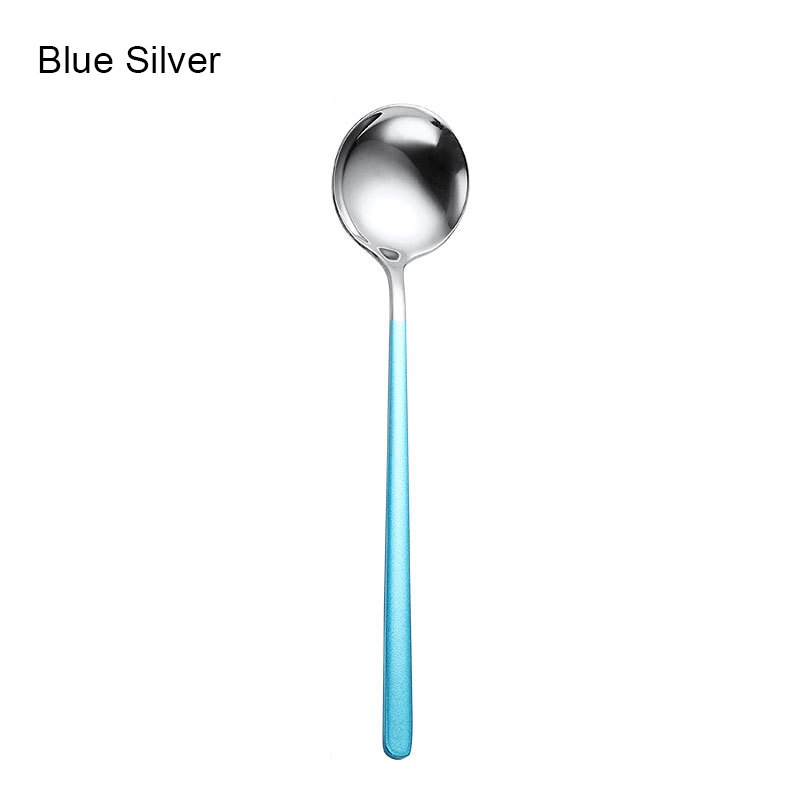 Stainless Steel Spoon Korean Style Spoon Household Exquisite Long Handle Spoon Soup Bibimbap Spoon JW: Blue silver