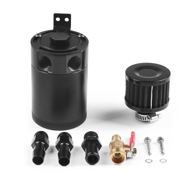 Universal Racing Baffled 2-Port Oil Catch Can Tank Reservoir + Drain Valve Breather Baffle