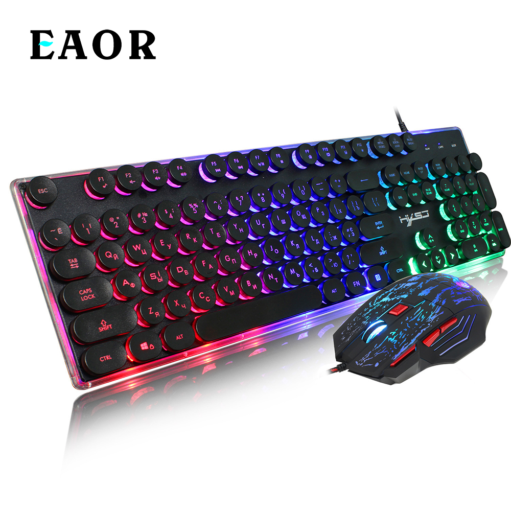 EAOR Punk Keycap Russian Keyboard and Mouse Combo RGB Luminous Wired Gaming Keyboard Set Multimedia Function Waterproof Keyboard