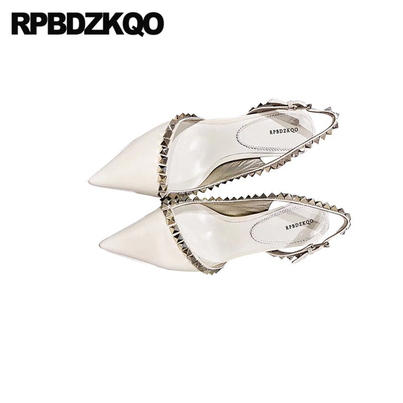 Pumps spetsad tå dam beige höga klackar märkesskor dam stud metall storlek 4 34 nit slingback tunn 3 tum