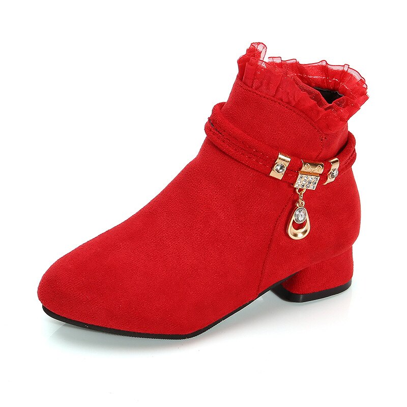 Chaussures princesse en dentelle à la cheville pour enfant, chaussures d'hiver pour fille 12 6 ans, à talons pour l'automne, bottes en cuir pour l'école: Rouge / 2