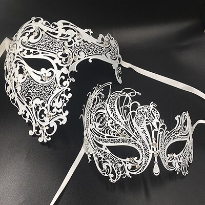 Hans & hennes par glitter strass metall filigran maskerad mask venetiansk kostym bal fest boll jul halv skalle mask: Vit