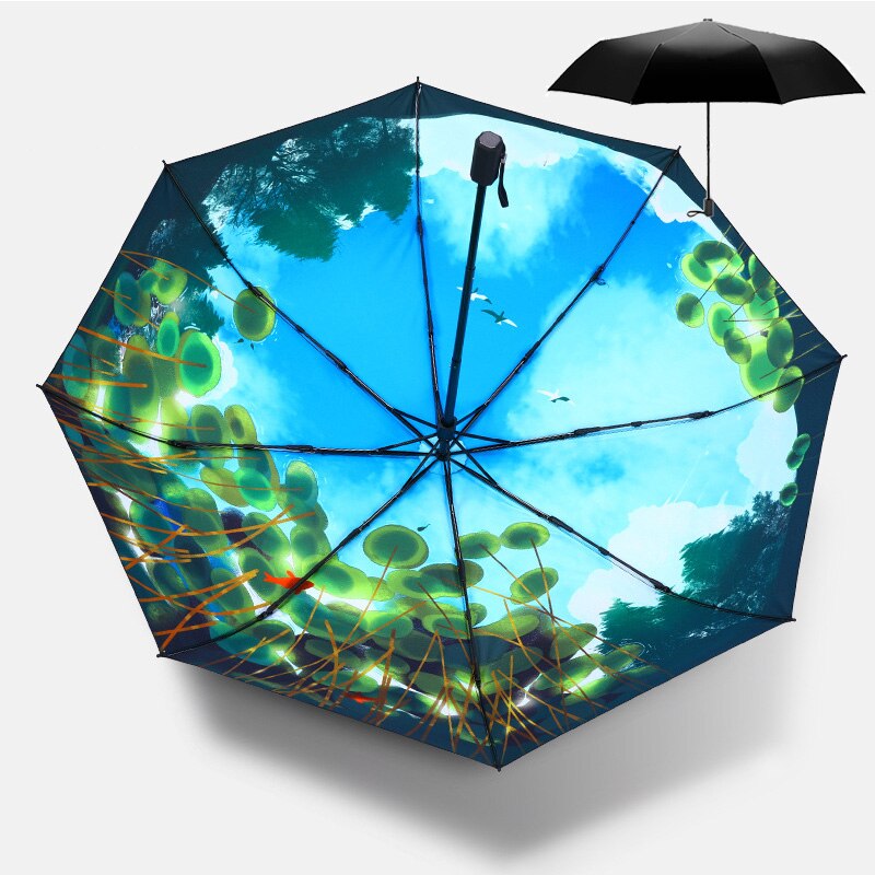 Vijverkarpers printen dames dames regen- en zonneparaplu 3 opvouwbare 8 baleinen zonnescherm uv-bescherming paraplu's guarda chuva: 2
