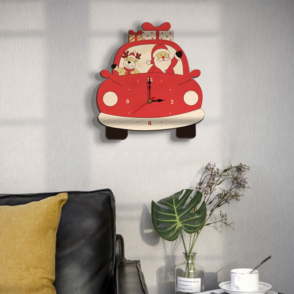 Horloge murale en bois pour le jour de noël, décoration de maison, père noël cerf, dessin animé (sans batterie), numérique