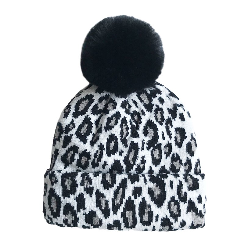 Leopard baby vintermössa för flickor pompong stickad mamma barn mössa för pojkar mössor elastisk varm beanie mössa: Vit / L (vuxen)