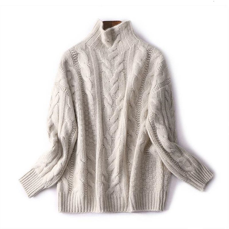 neck sweaters in autumn and winter tall women's sweaters loosely knitted sweaters: Beige / XXL