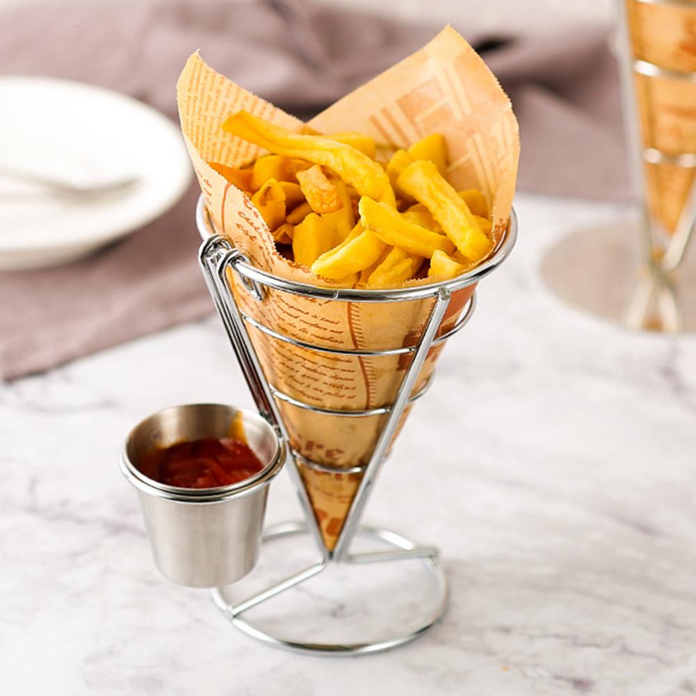 Französisch Frites Stehen Mit Soße-Trichter einstellen Rost-nachweisen Metall Chip Tasse Halfter Gebratenes Huhn Anzeige Gestell Korb Party Küche Versorgung