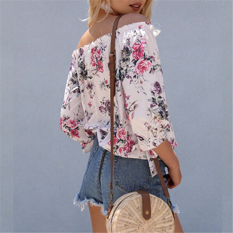 Mujeres hombro blusa, polera Floral de verano Casual Tops señora Loose camisa de manga corta de ropa de cuello ojal