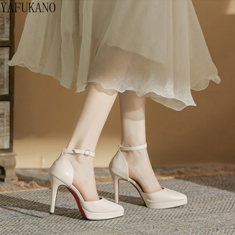 Sandalias de tacón alto de 10CM para mujer, zapatos de tacón de aguja con plataforma y correa en el tobillo, de cuero mate, talla 32 33