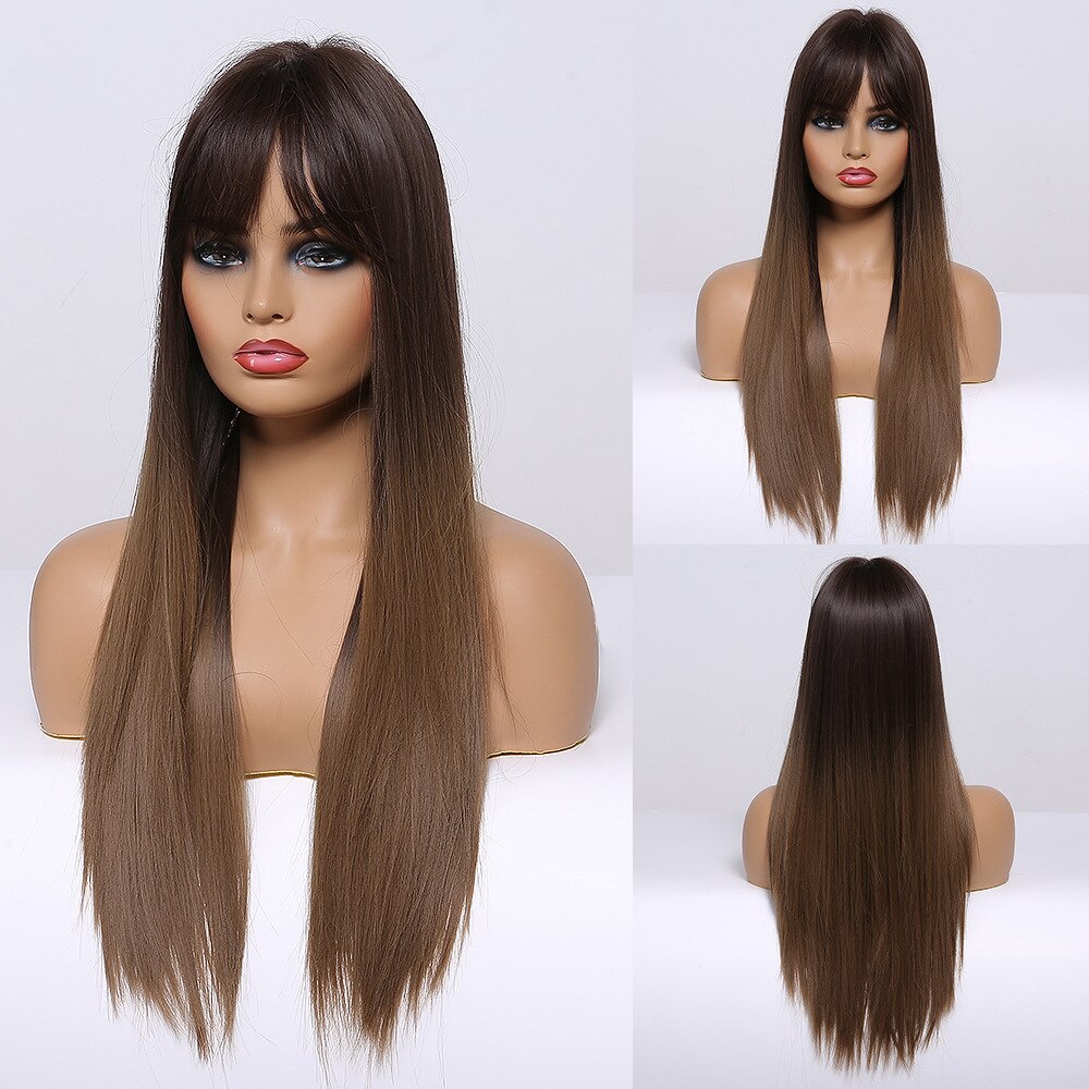 EASIHAIR, pelucas largas rectas de color negro a marrón con flequillo, pelucas sintéticas de pelo Natural, pelucas de Cosplay diarias, resistentes al calor: LC261-1