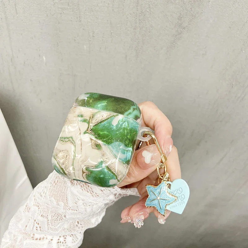 Para Apple AirPods 4 2 3 Pro funda de lujo verde Esmeralda mármol brillante funda para auriculares para AirPods 4 funda lindo corazón perla llavero