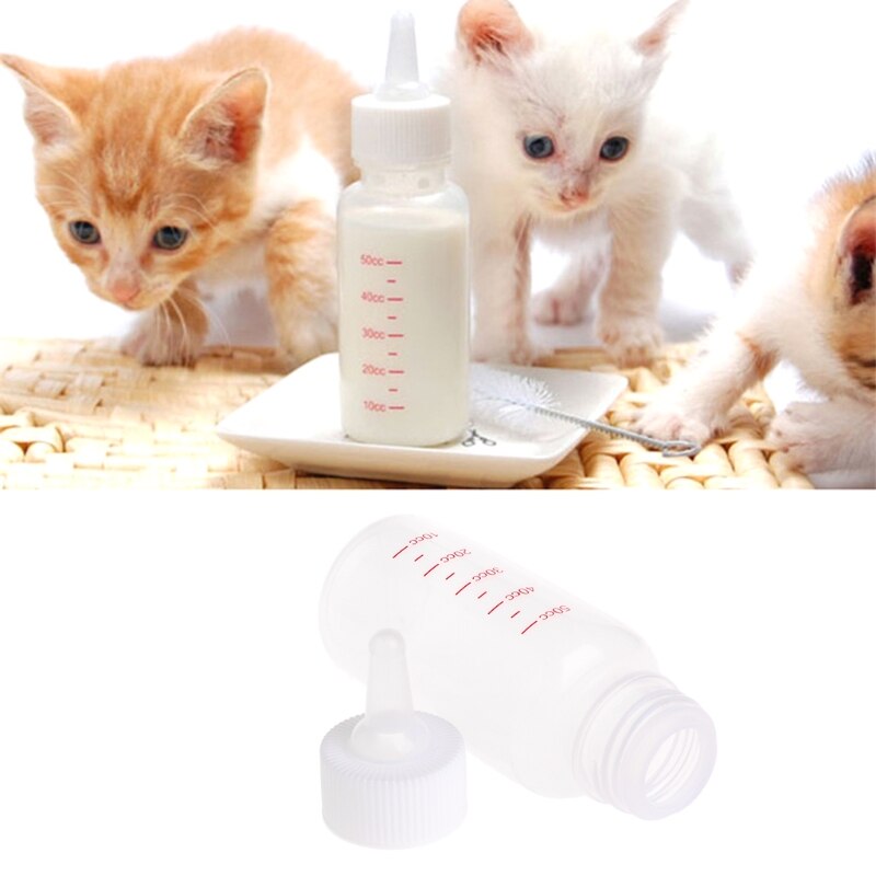 1 sæt 50ml kæledyr lille hund kat killing fodring ammeflaske vand mælkeføder med rengøringsbørste kat baby hvalpe foderautomater  c42