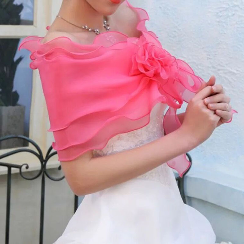 Chaqueta informal de Organza para mujer, abrigo de tres capas con volantes, hombros al descubierto, envoltura de boda, color blanco