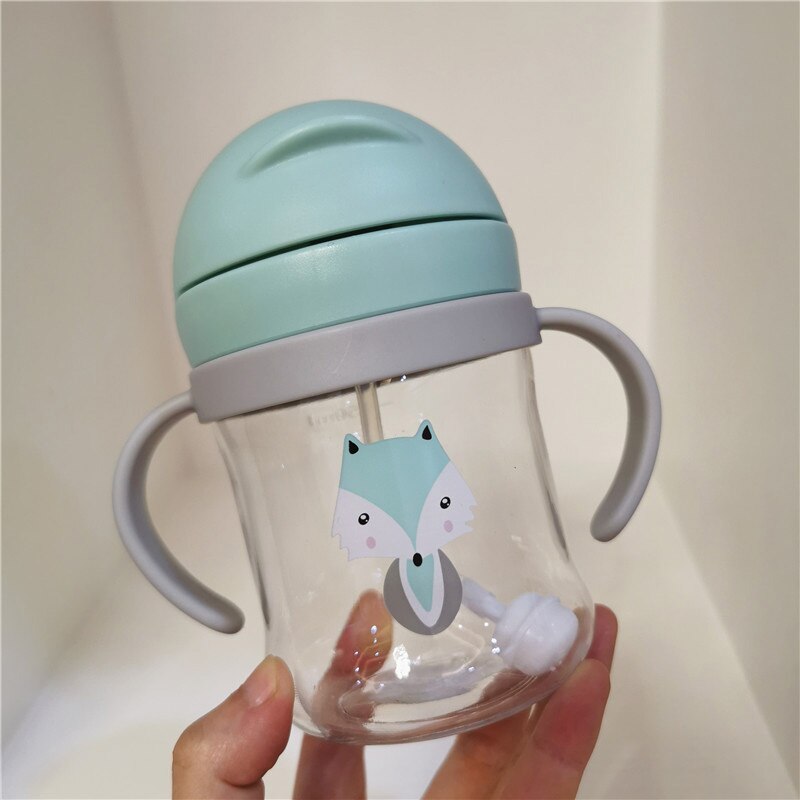 Dessin animé mignon imprimer bébé biberon BPA gratuit bébé bouteille d'eau avec de la paille enfants apprendre à boire tasse 300ML: Green