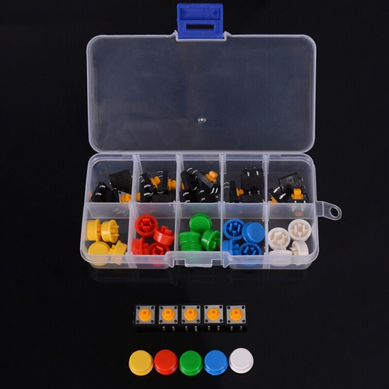 25PCS Tactile Push Button Switch Momentary 12*12*7.3MM Micro Switch Button + 25PCS Tact Cap(5 Colors)