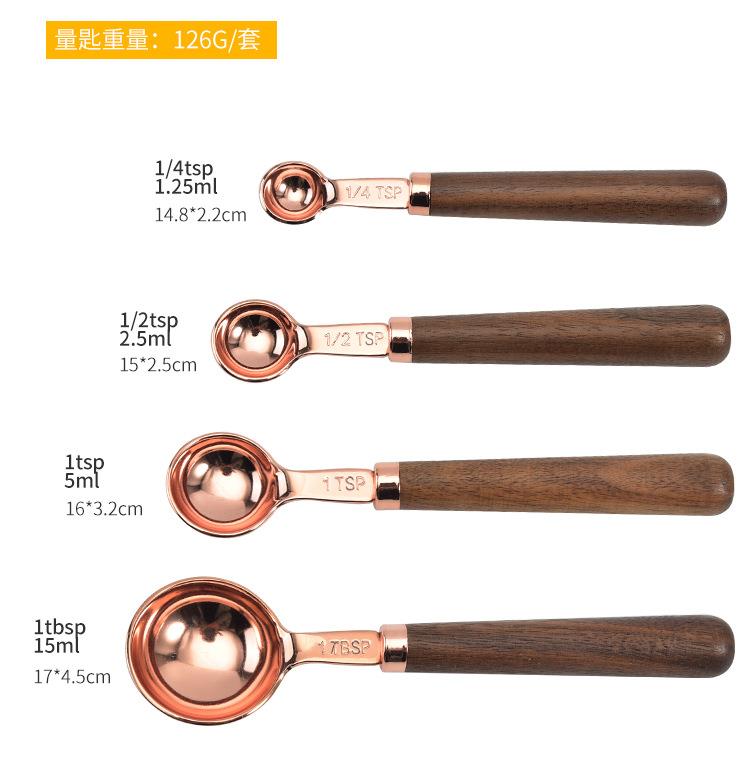 4Pcs/8Pcs Kitchen Measuring Spoons Rose Gold Plating Measuring Cups Spoon Walnut Wooden Handle Rose Gold Measuring Scoop