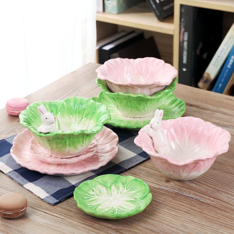 Grøn keramisk bordservice til børn kaninkålskål tegneserie håndtegnet dyr bordservice frugtsalat dessert skål