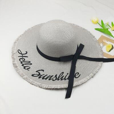 summer Hello Sunshine Sequin letter wide brim sun hats for women Beach vacation girls straw hat: gray