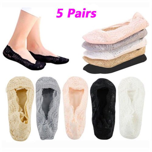 5 Pairs Ladies Slipers Skin Shoe Liners Footsies Invisible Thin Lace Socks Sheer Women Floral Lace Socks