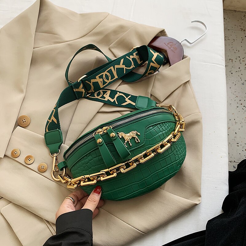 Bolso pequeño de piel sintética para mujer, bolsa de pecho a la , con cadena y cinturón de viaje,: Verde