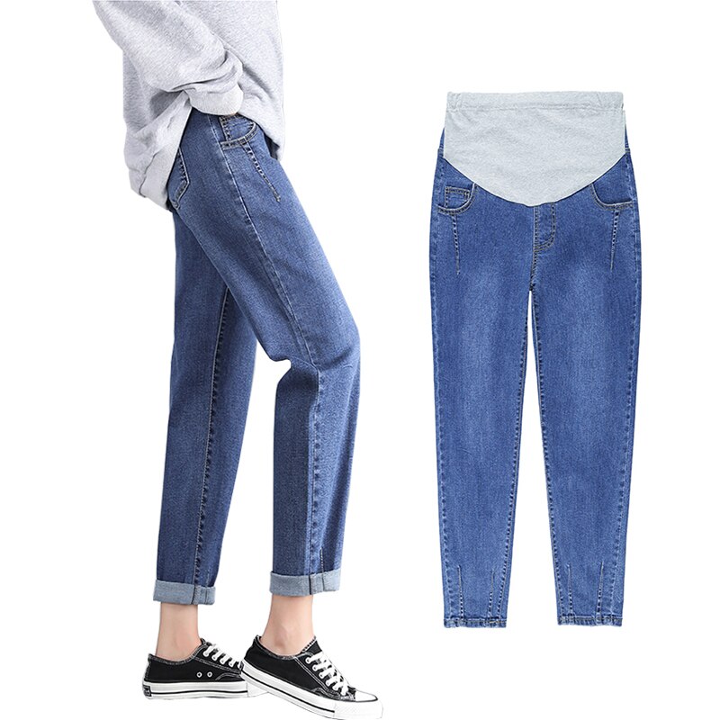 Mom Jeans For Women Denim Women`s Clothing Straight Solid Color High Waist Pregnant Pants Plus Size Maternity Clothes 0317
