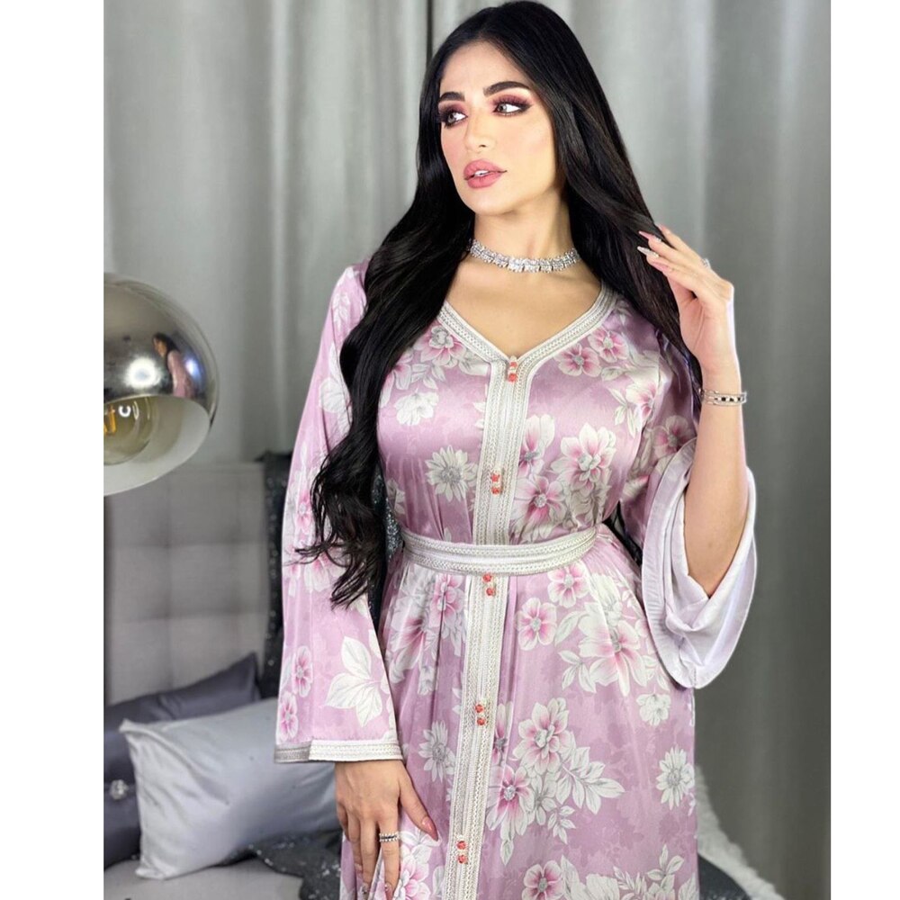 AB038 Lange Jurk Roze Abaya Soiree Moslim Islamitische Kleding Voor Vrouwen Om Bid Wereld Kleding Winkel Turkse Mooie Print Bloem