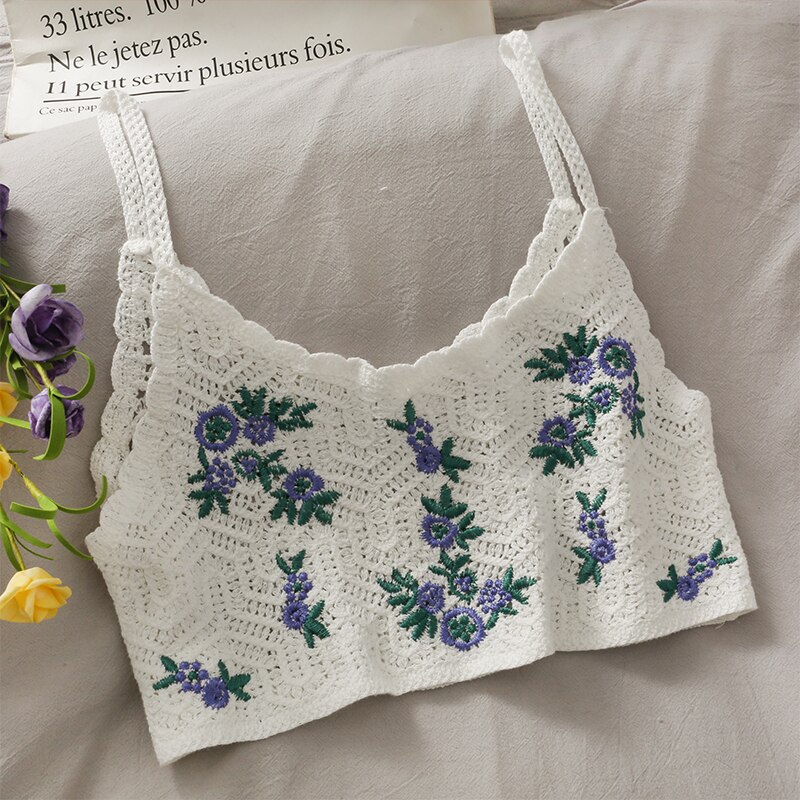 Neulotut crop topit spagettiolkaimet toppi kirjailtu cami hollow perspektiivi slim fit camisole hihattomat ins