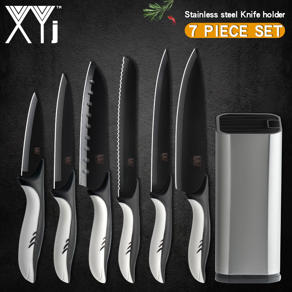 XYj-7 uds. De cuchillos de acero inoxidable para cocina, barra de afilado, rebanador de pan de 8 '', 7'', Santoku 5 '', utilidad, cuchillo de pelar de 3,5''
