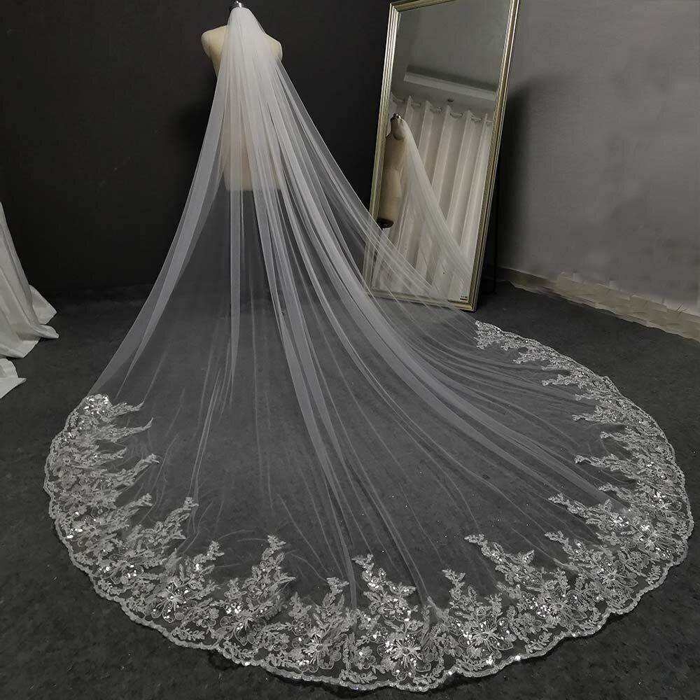Glitter Pailletten Lace Lange Bruiloft Sluier 3 Meter Wit Ivoor Bridal Veil Wedding Hoofddeksels Bruid Sluier