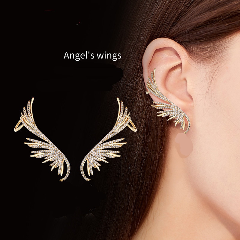 Angel Wing Full Rhinestone Ear Cuff Popular Leaf Shaped Clear Crystal Jewelry Women Party Clip Earring Punk Style