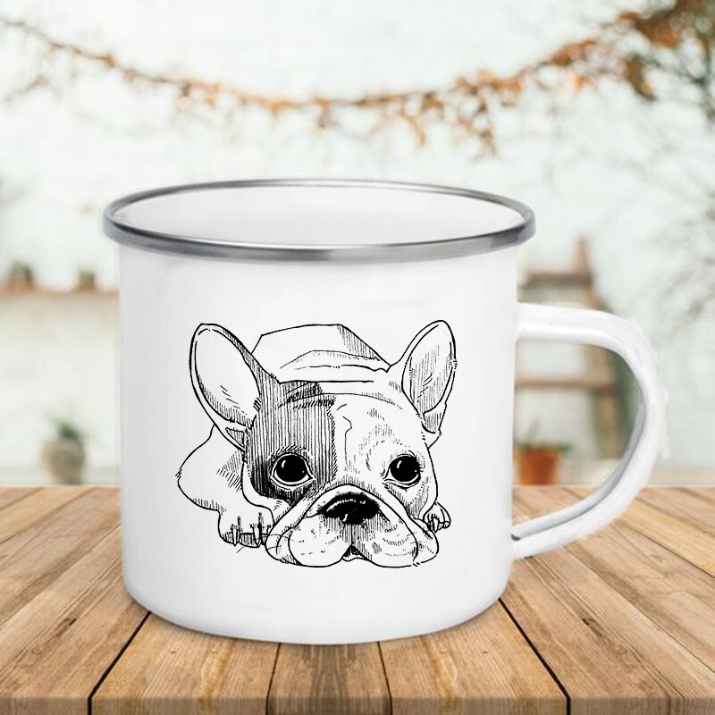 Taza de esmalte con estampado de Bulldog, tazas creativas para café, té, desayuno, leche, Camping, con asa, para amantes de los perros: XH2214-A015WH-8