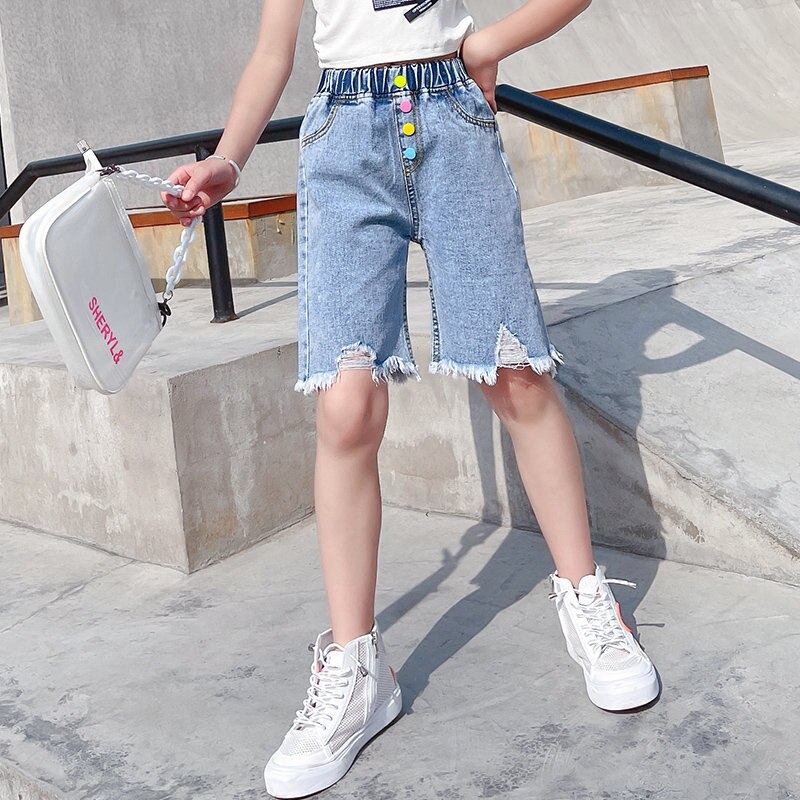 Pantaloncini di jeans per ragazze bottone a colori pantaloncini strappati estivi abbigliamento per bambini pantaloncini per bambini distrutto per adolescente 5 6 7 8 9 10 11 14 anni