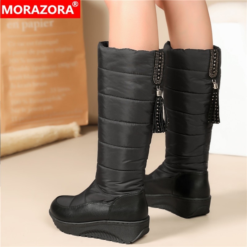 MORAZORA Plus rozmiar 35-44 nowe buty śniegowe damskie platformy średnio wysokie buty z cholewami grube futro tassel rhinestone buty zimowe damskie buty